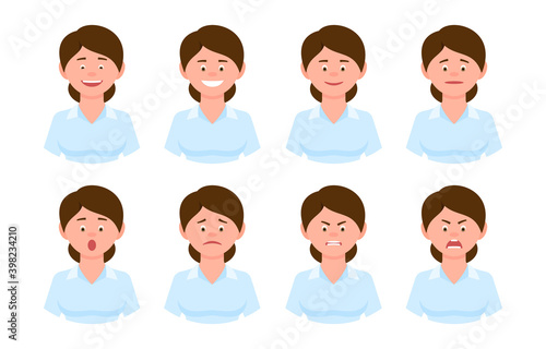 Emotional face cartoon character young office woman front view design vector illustration set. Happy, smiling, upset, surprised, sad, angry, shouting hair lady person flat style concept on white