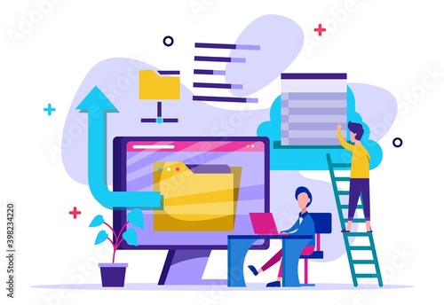 Concept business cloud computing, Data provision and cloud computing services for web page, banner, presentation, social media, documents, cards, posters. Tiny people illustration. Vector illustration