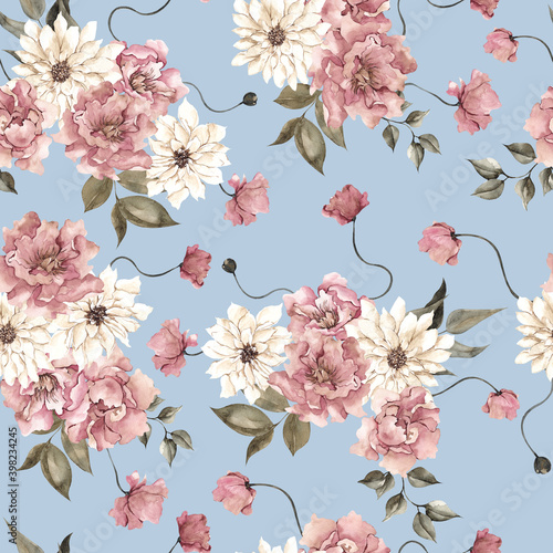 Fototapeta Naklejka Na Ścianę i Meble -  Watercolor seamless pattern with frosty berry and flowers, isolated on colored background