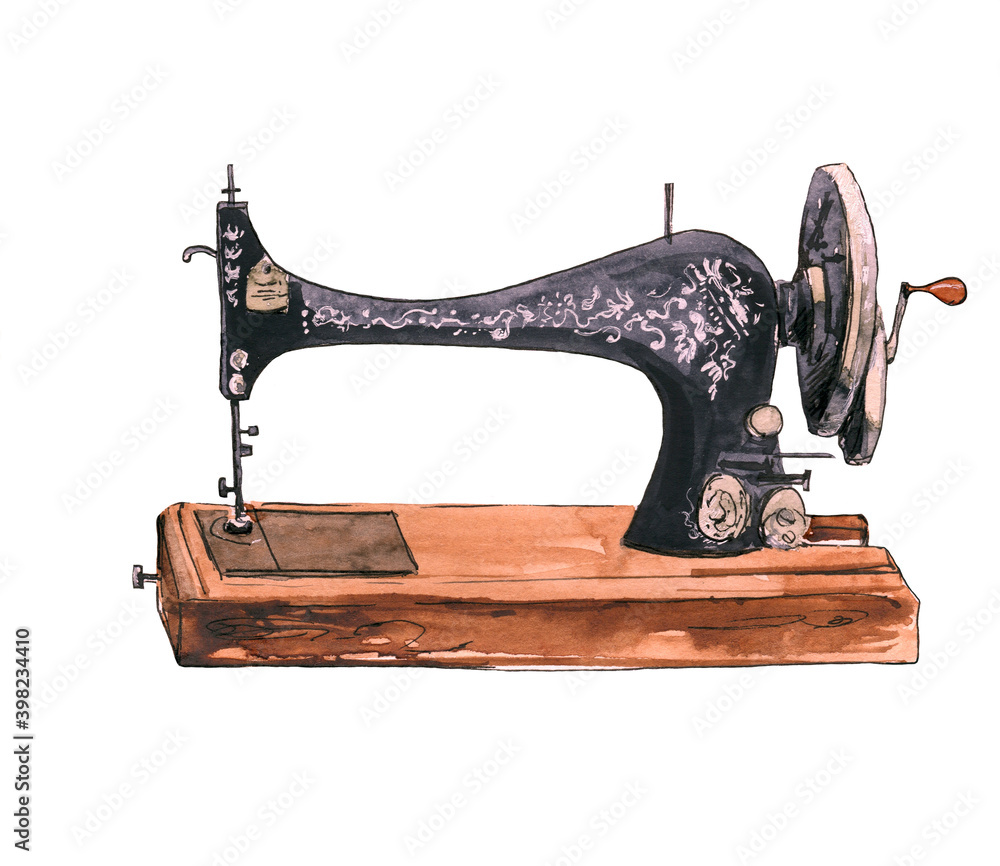 Watercolor illustration of an old sewing machine rarity
