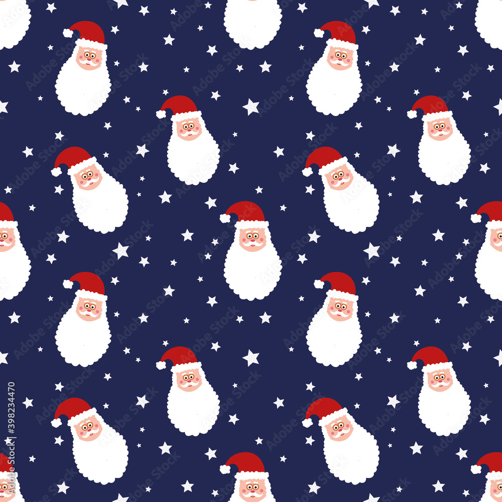 Seamless pattern with Santa Claus head and stars on blue background . Christmas background. snowy design. wrapping paper. New year wallpaper