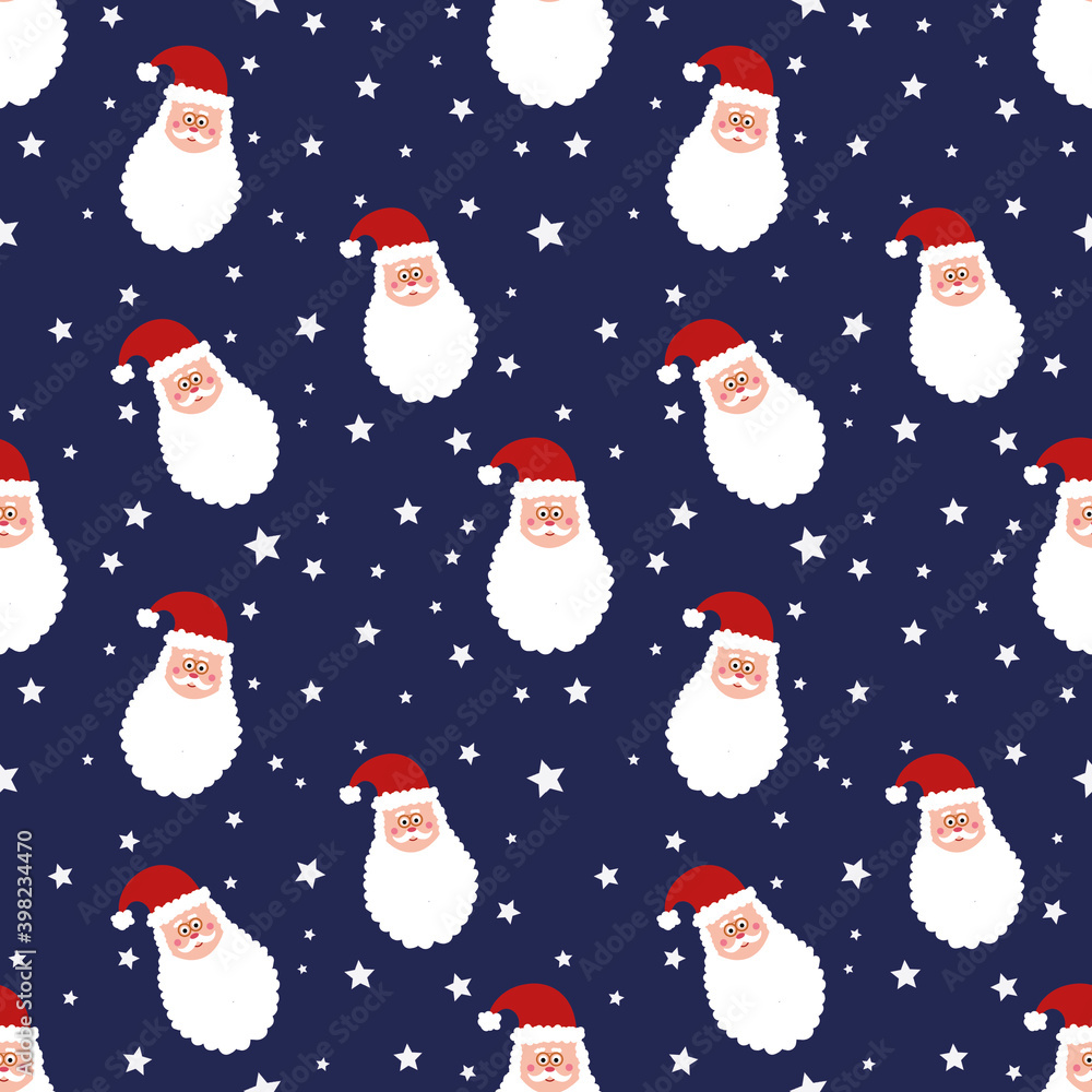 Seamless pattern with Santa Claus head and stars on blue background . Christmas background. snowy design. wrapping paper. New year wallpaper Seamless pattern with Santa Claus head and stars on blue background . Christmas background. snowy design. wrapping paper. New year wallpaper
