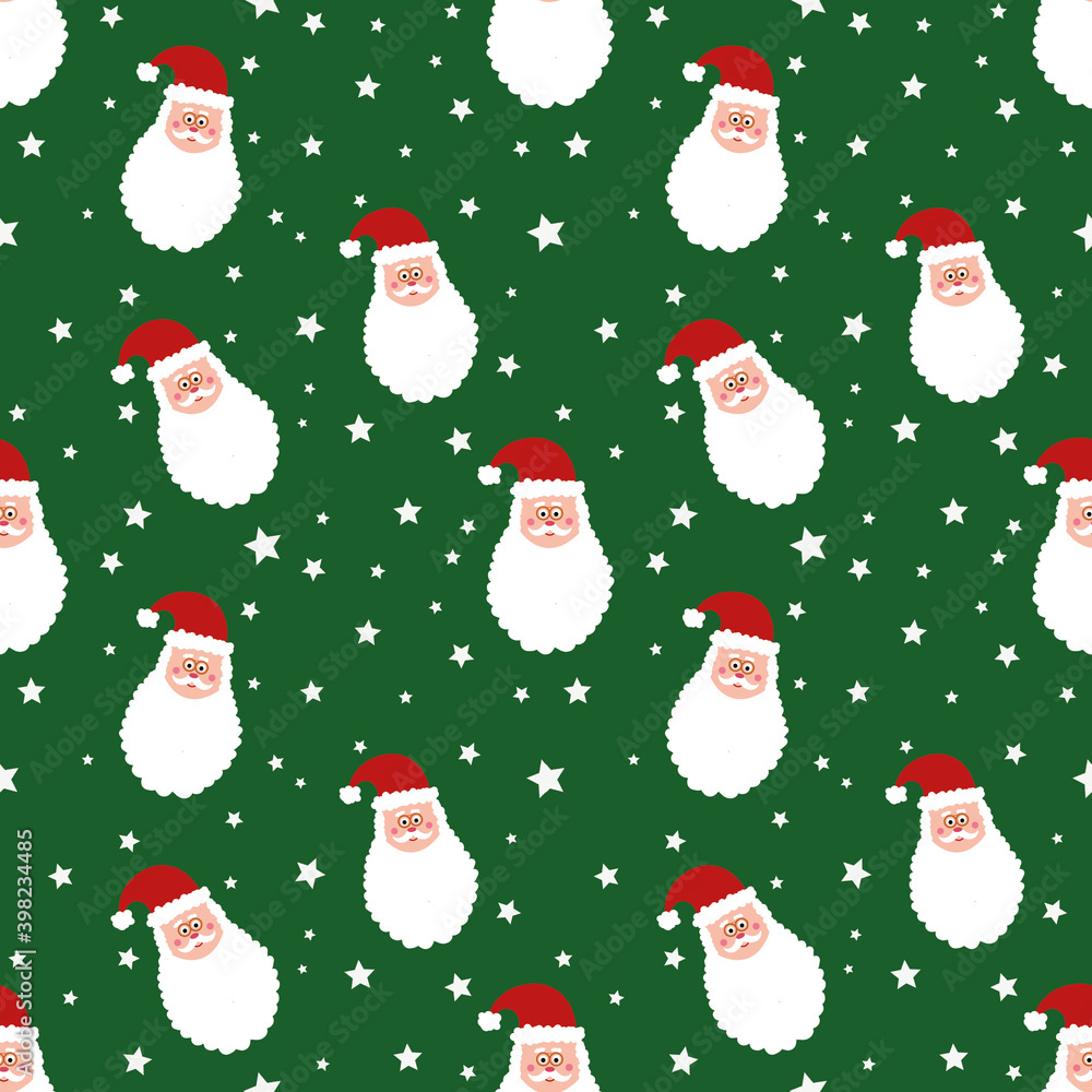 Seamless pattern with Santa Claus head and stars on green background . Christmas background. snowy design. wrapping paper. New year wallpaper Seamless pattern with Santa Claus head and stars on green background . Christmas background. snowy design. wrapping paper. New year wallpaper