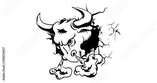 Black and white bull breaking through the wall