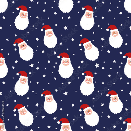 Seamless pattern with Santa Claus head and stars on blue background . Christmas background. snowy design. wrapping paper. New year wallpaper