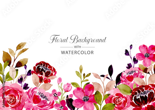 Pink floral watercolor background, floral frame, greeting card