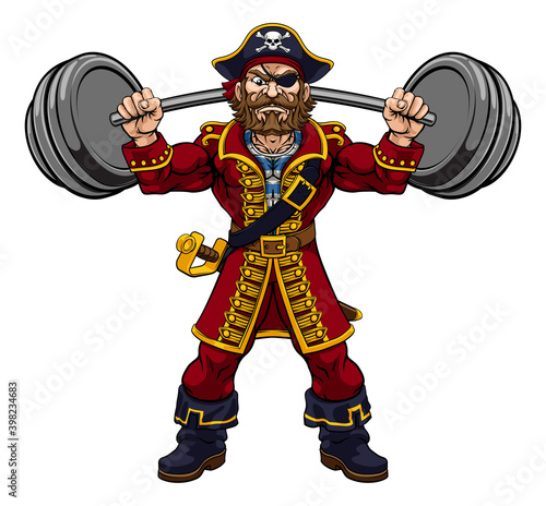 A pirate weight lifting a barbell cartoon sports training mascot character