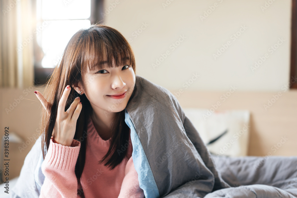 Portrait young asian cute student woman wear pink sweater. Portrait young asian cute student woman wear pink sweater.