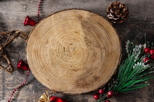 Christmas ornament and tree trunk mockup. Copy space 