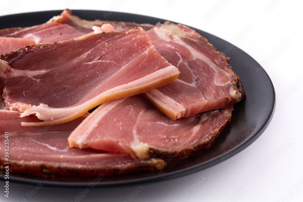 Dried and smoked meat slice isolated on white background Dried and smoked meat slice isolated on white background