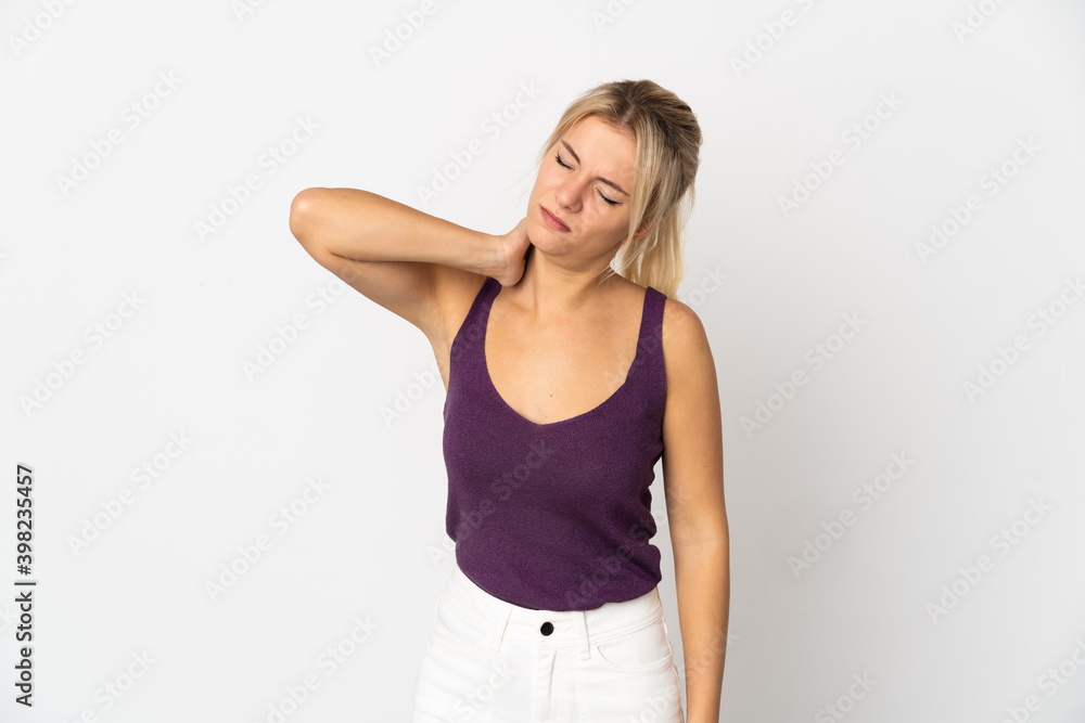 Young Russian woman isolated on white background with neckache Young Russian woman isolated on white background with neckache