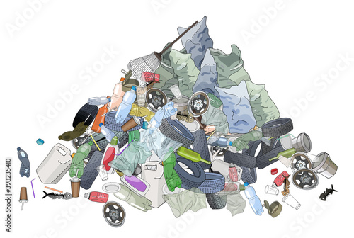 Pile of garbage, trash bags and rake. The concept of ecology and World Cleanup Day.