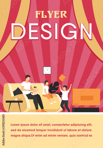 Family and parenthood concept. Cartoon father feeding youngest son at TV in living room, while other boys playing games together. Vector illustration for single dad, children care topics