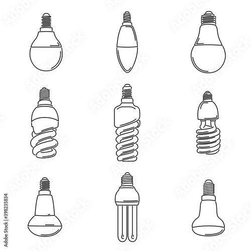 Set of simple vector images of energy-saving light bulb drawn in art line style.