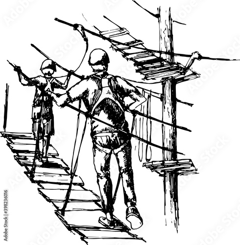 of a man and a child wearing harnesses and climbing gear in adventure park. illustration of a man and his child 