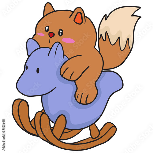 the fox rides the horse. kawaii doodle image. doodle icon image
