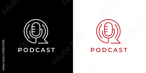 Podcast logo. Microphone line icon. Speech mic symbol. Radio talk show sign. Vector illustration.