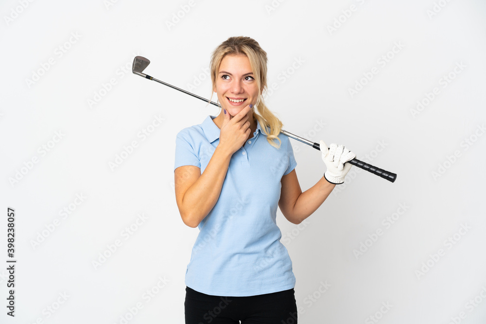 Young Russian golfer woman isolated on white background thinking an idea while looking up Young Russian golfer woman isolated on white background thinking an idea while looking up