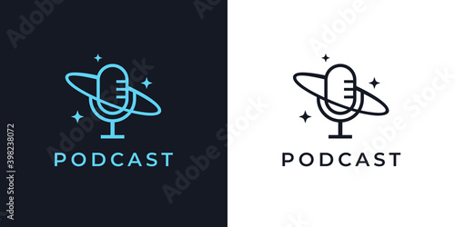 Night time podcast logo. Cosmos microphone line icon. Space mic symbol. Late night radio talk show sign. Vector illustration.