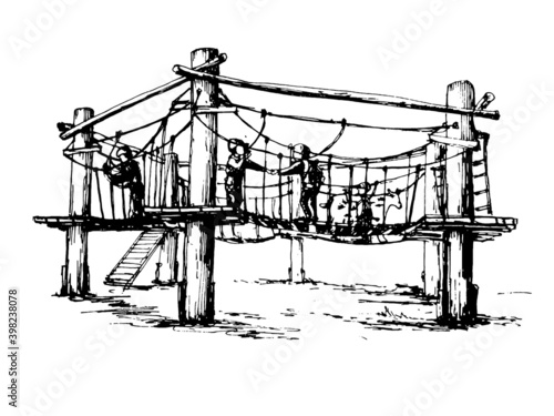 kids in adventure park  wearing 
harnesses and climbing gear in adventure park. vector image of children playing outdoors 