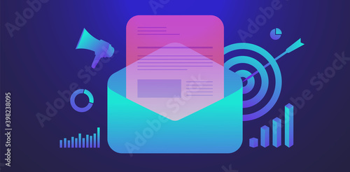 Email click-through-rate Marketing, digital newsletter ecommerce e-mail subscription rate. Email vector illustration with neon color. Drip inbound email marketing by sending mail message