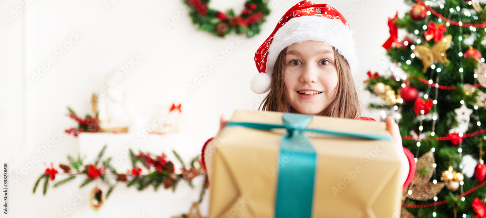 Banner: A young teenage girl in a Christmas cap and a red sweater with a large gift is sitting in a cozy chair next to the Christmas tree. Congratulation