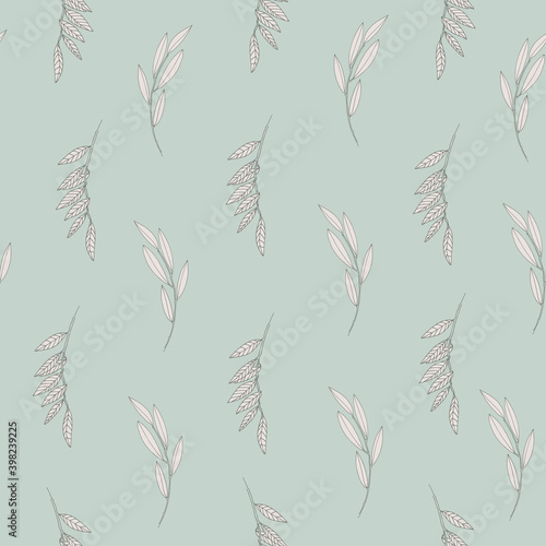 Seamless pattern with willow tree branches and leaves on light blue background for surface design and other design projects. Monochrome realistic line art