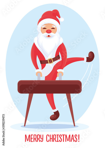 SANTA KLAUS GYMNAST EXERCISING A HORSE. CHARACTER DESIGN