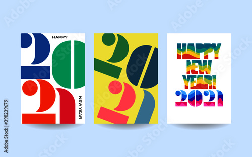 Creative concept of 2021 Happy New Year posters set. Design templates with typography logo 2021 for celebration and season decoration. Minimalistic trendy backgrounds. Vector illustration