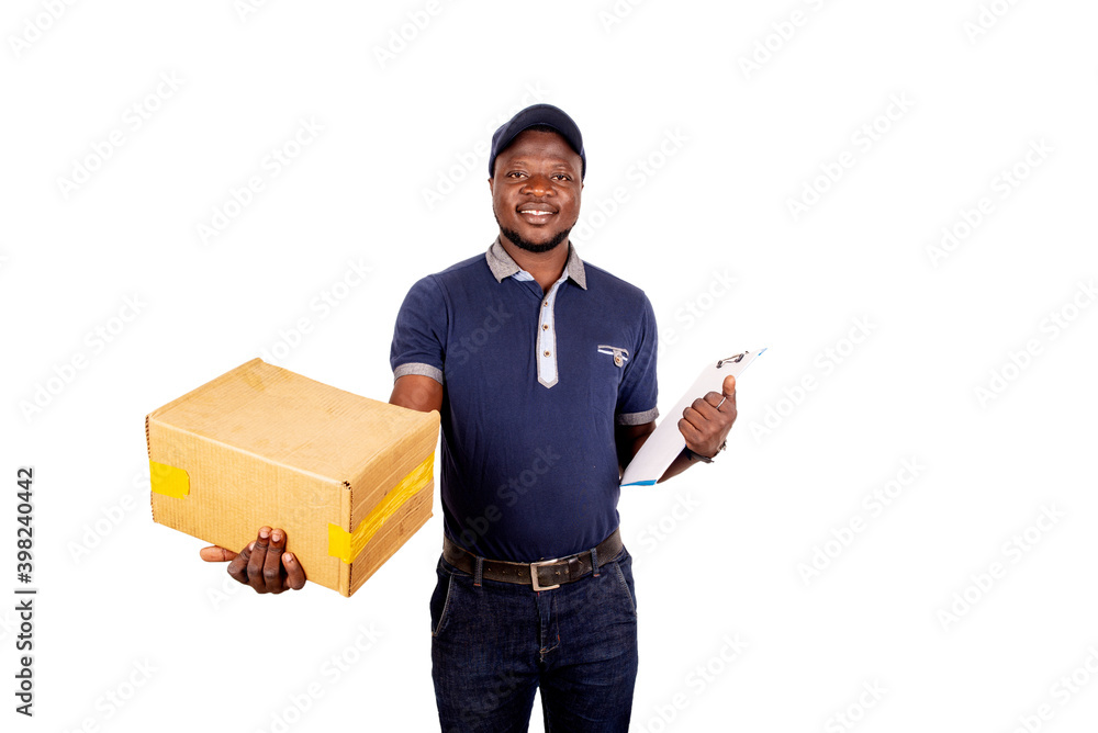 portrait of a smiling delivery man with cardboard box. portrait of a smiling delivery man with cardboard box.