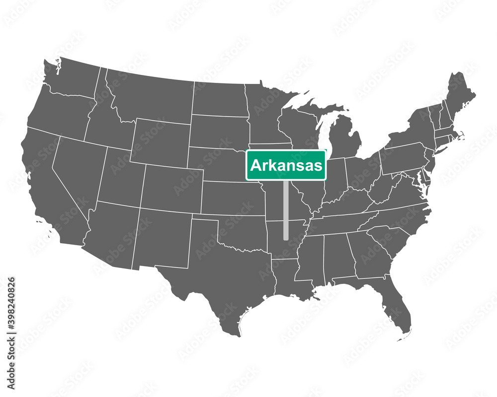Arkansas Ortsschild und Karte der USA