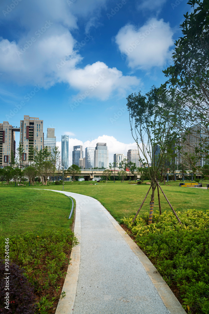 city park with modern building background in shanghai