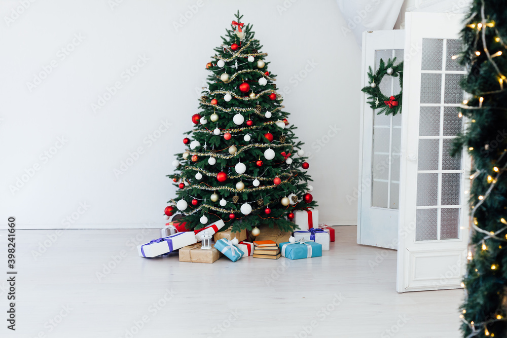 Christmas tree with gifts decor garland interior new year Christmas tree with gifts decor garland interior new year