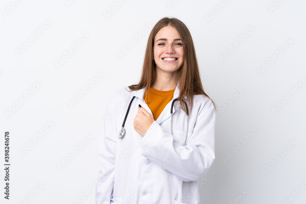 Young woman over isolated background wearing a doctor gown and making victory gesture Young woman over isolated background wearing a doctor gown and making victory gesture