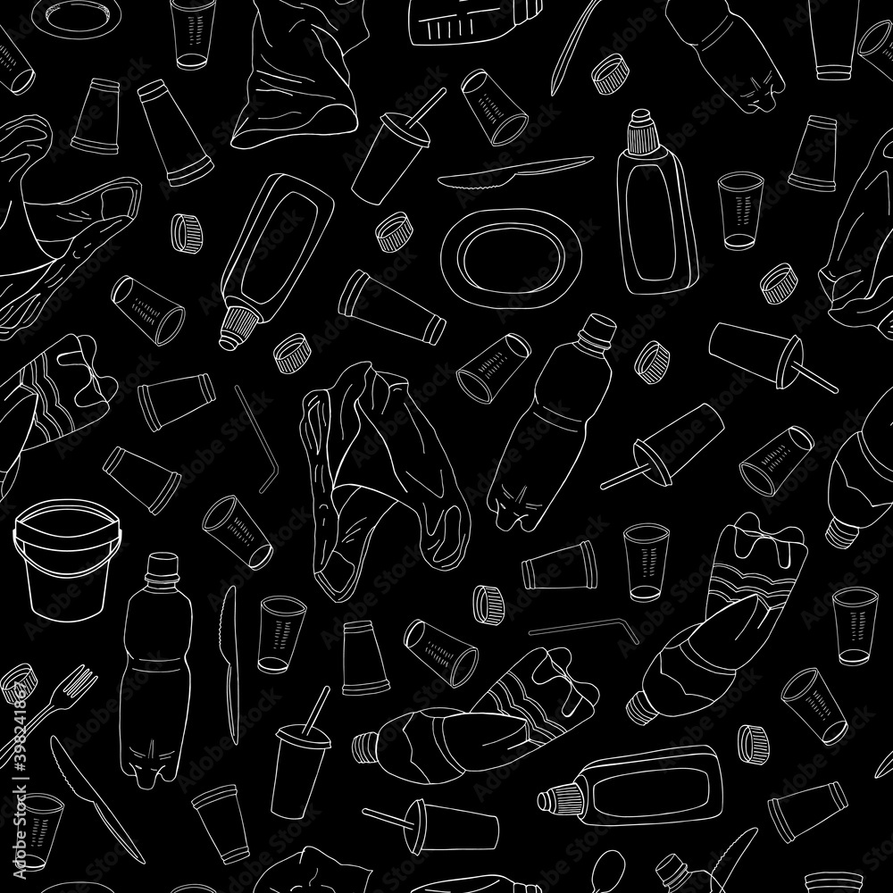 Seamless pattern with different kinds of plastic garbage isolate on black. Seamless pattern with different kinds of plastic garbage isolate on black.