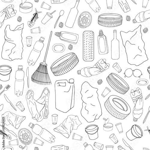 Seamless pattern with different kinds of garbage isolate on white.