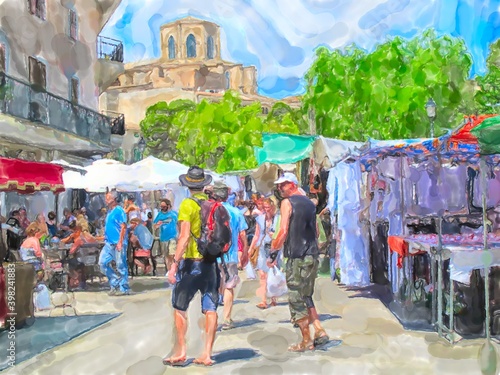 Watercolor illustratiion of farmer market in Sineu village in Mallorca. Spain. © lcrms