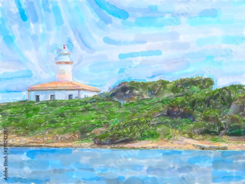 watercolor illustratiion of Lighthouse at Illa d alcanada on Mallorca Island. photo