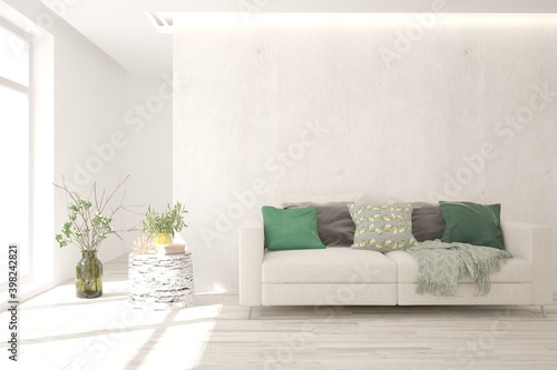 White living room with sofa. Scandinavian interior design. 3D illustration