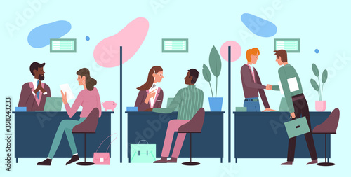 Bank service vector illustration. Cartoon bank employee characters work with clients and consult in office interior, open deposit, approve loans, currency exchange financial transactions background