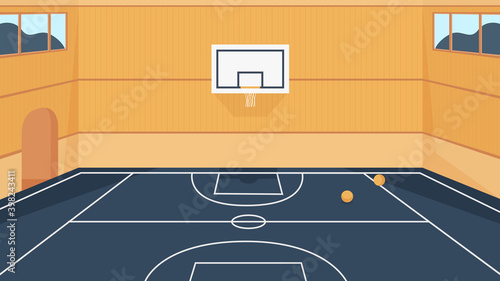 Basketball court vector illustration. Cartoon 3d empty indoor stadium, gym sport arena or hall playground for sportive team games with balls on floor and basket hoop in central zone background