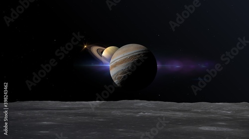 Jupiter's Exceptionally Close Opposition ,great conjunction of jupiter and saturn 3d rendering illustration