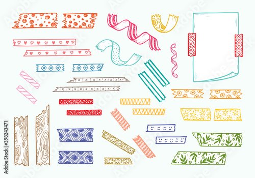 Colorful Strips of Masking Tape and Note Paper Set. Hand Drawn Doodle Sticky tape with Paper. Scotch patterned Adhesive tape collection. Vector illustration
