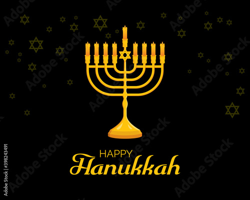 Happy Hanukkah Poster with golden menorah vector illustration. Golden menorah with star of david vector. Beautiful jewish candlestick with burning candles icon. Jewish holiday Hanukkah. Important day