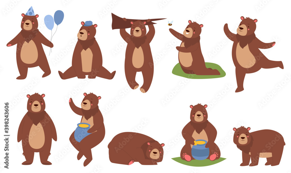 Cute brown bear vector illustration set. Cartoon funny fluffy teddy bear  characters in different poses collection with furry animal sitting and  sleeping, dancing and eating honey isolated on white Stock Vector |