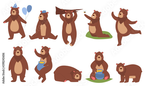 Cute brown bear vector illustration set. Cartoon funny fluffy teddy bear characters in different poses collection with furry animal sitting and sleeping, dancing and eating honey isolated on white
