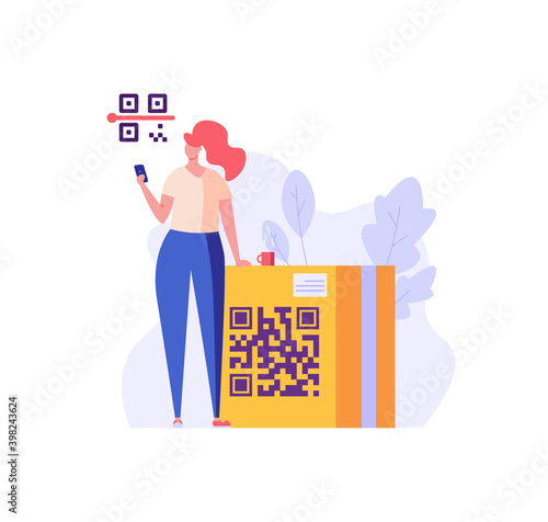 Woman holding phone with QR sign. User scanning QR-code for order delivery and tracking. Concept of QR code, mobile scanner, e-payment, qr verification. Flat vector illustration for UI, website, app