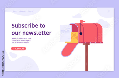 Web banner Subscribe to our newsletter. Mailbox with letter. Concept of subscribe newsletter, subscription, email subscribe. Vector illustration in flat design for UI, website, mobile app