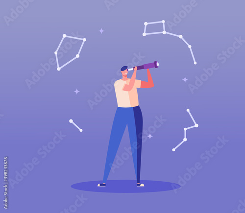 Man watching stars. Astronomer studying constellations with telescope. Astrophysicist looking stars. Concept of exploration, space research, astrological map. Vector illustration in flat design