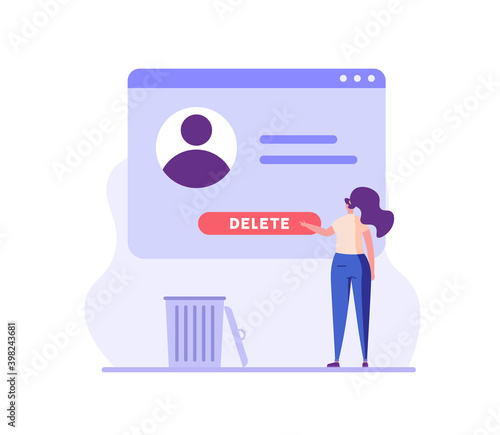 Woman standing with account or profile and trash can. User deleting social account to waste bin. Concept of delete profile, account deactivation, remove data files or page. Flat vector illustration